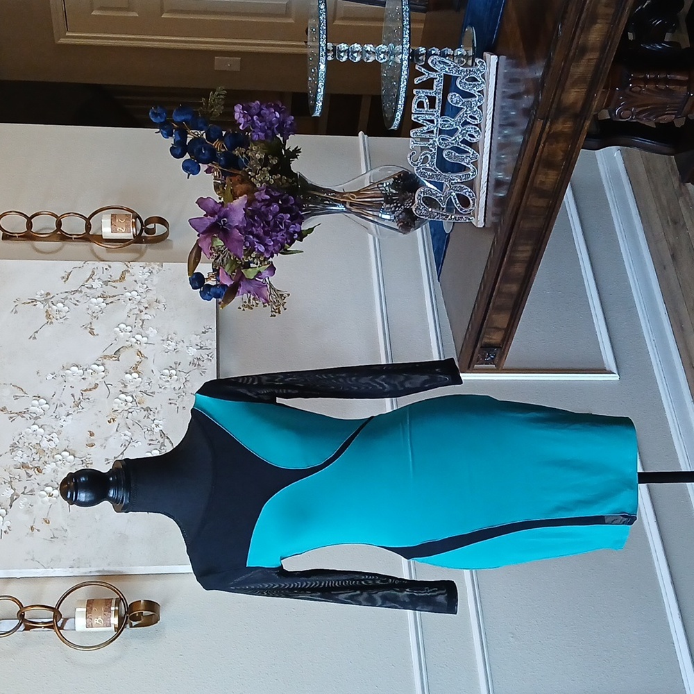 Frederick's of Hollywood Cocktail Teal Sheer Illusions Mini Dress. Size M - Picture 3 of 17